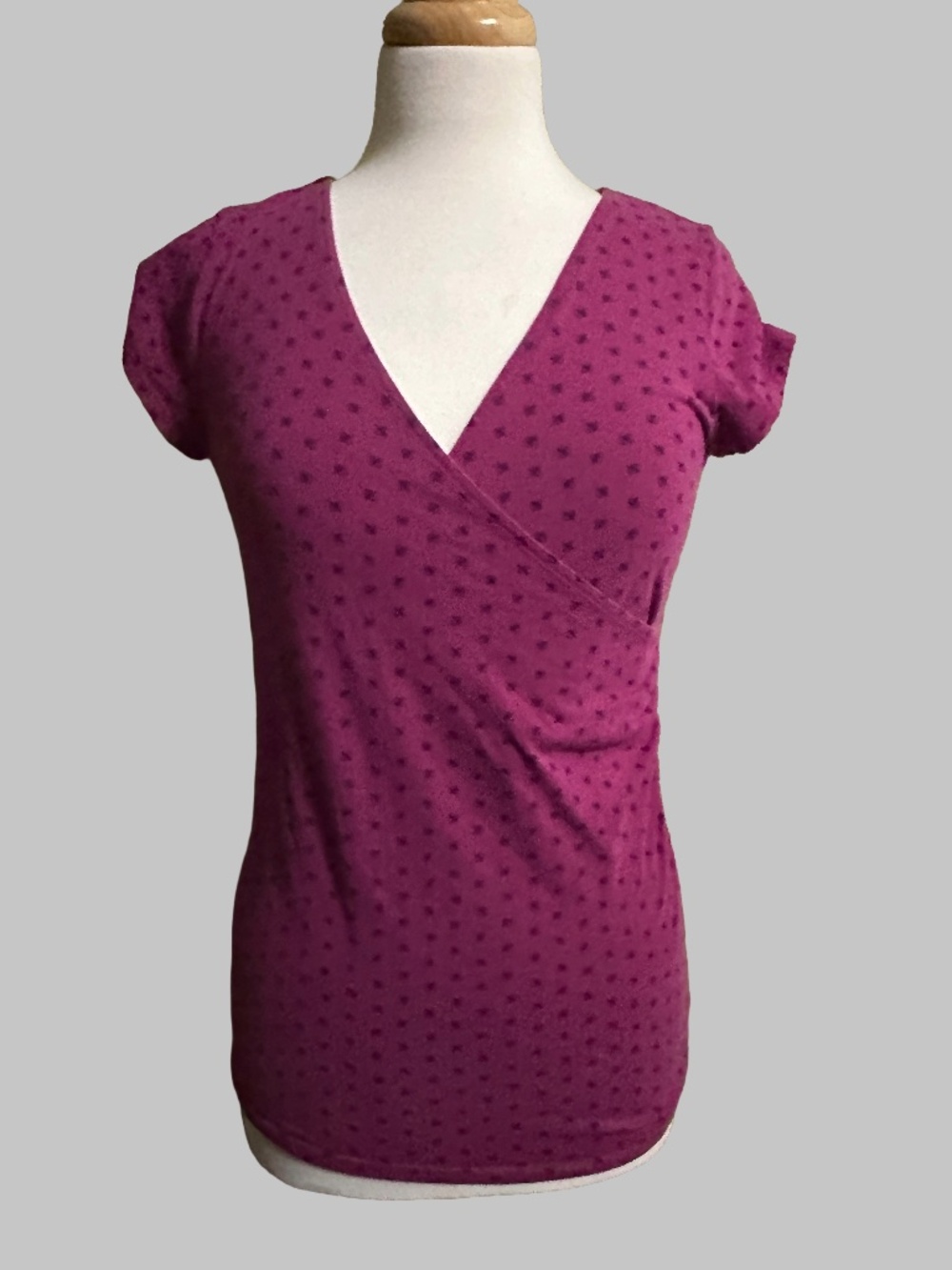 Merona Magenta Pink Navy Print Faux Wrap Crossover Top Cap Sleeve Size Small S/P